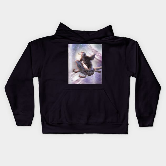 Space Sloth Riding Bearded Dragon Lizard Kids Hoodie by Random Galaxy